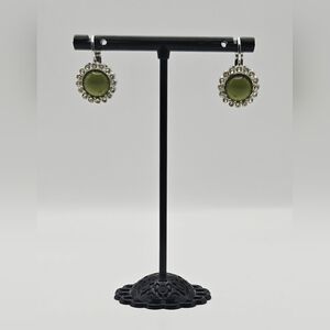 Lia Sophia Olive Green Crystal Earrings Silver Tone Round Dangle